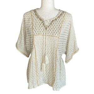 Anthropologie Raga Ivory Metallic Gold Embroidered Dot Beaded Tie Neck Blouse -
